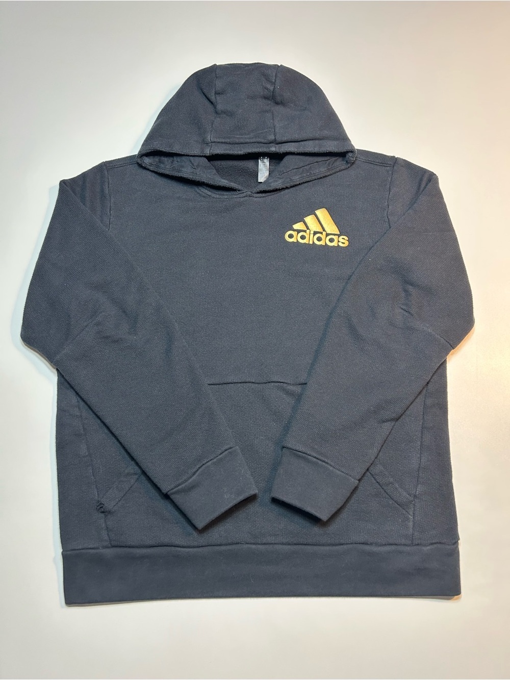 Adidas Sport ID Textured Fleece Pullover Hoodie Black Metallic Gold Logo